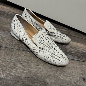 💎 Donald Pliner white Silver golf studded bling slide on loafers